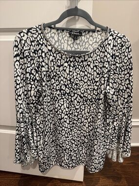 Prelude Black and White Animal-Print Bell Sleeve Top with bling trim